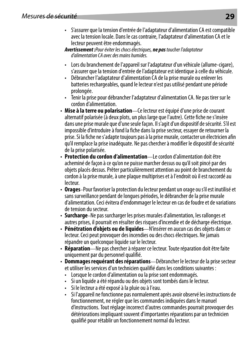 Mesures de sécurité | Dynex DX-PDVD9 User Manual | Page 29 / 84