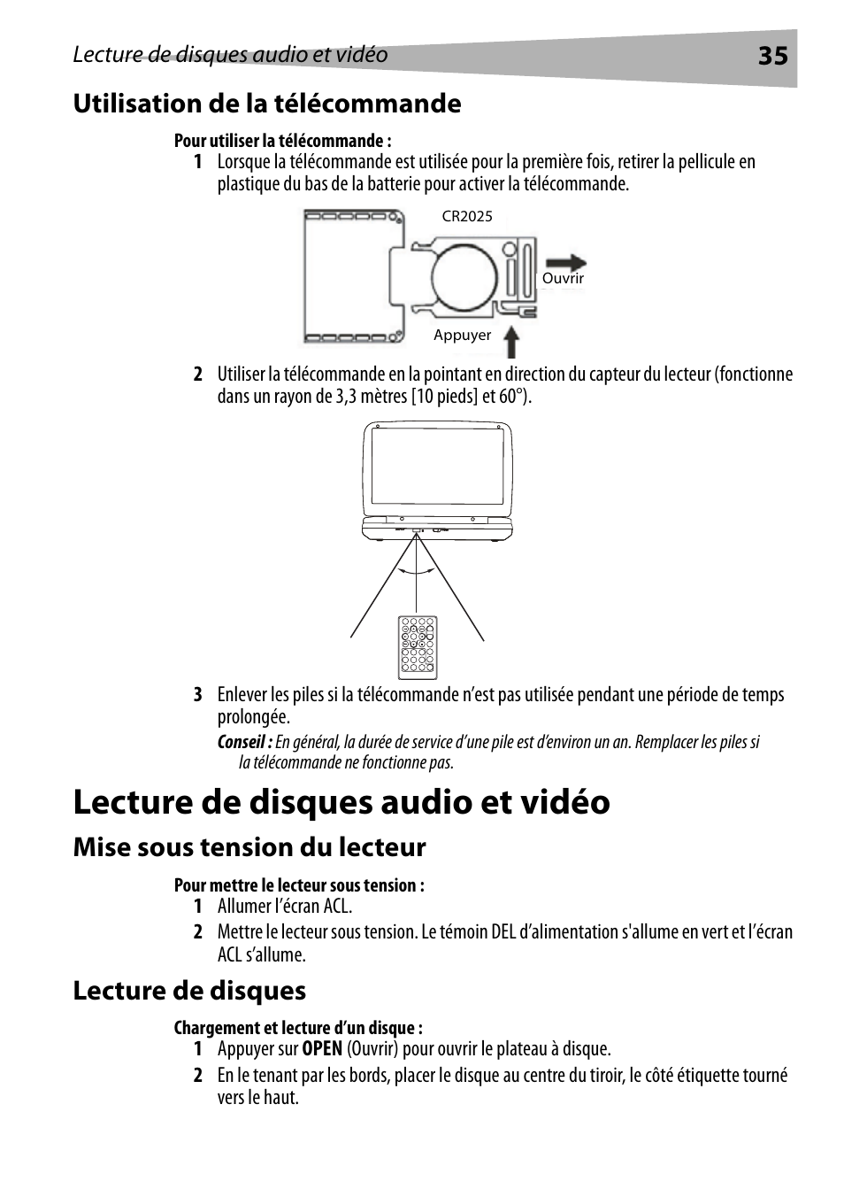 Utilisation de la télécommande, Pour utiliser la télécommande, Lecture de disques audio et vidéo | Mise sous tension du lecteur, Pour mettre le lecteur sous tension, Lecture de disques, Chargement et lecture d’un disque, 35 utilisation de la télécommande | Dynex DX-PDVD9 User Manual | Page 35 / 84