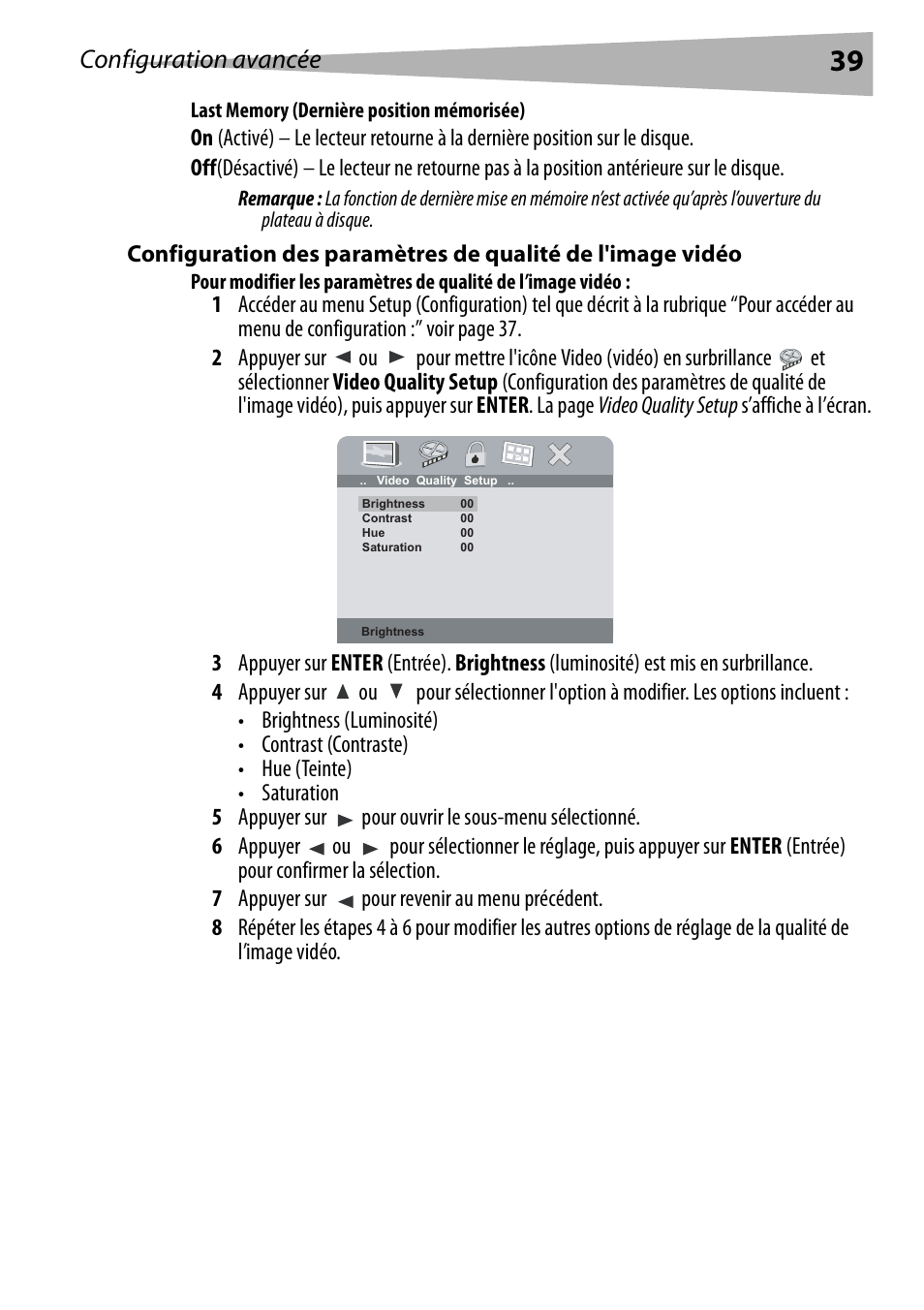 Last memory (dernière position mémorisée), Configuration avancée | Dynex DX-PDVD9 User Manual | Page 39 / 84