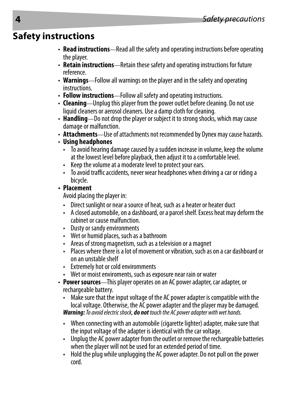 Safety instructions | Dynex DX-PDVD9 User Manual | Page 4 / 84