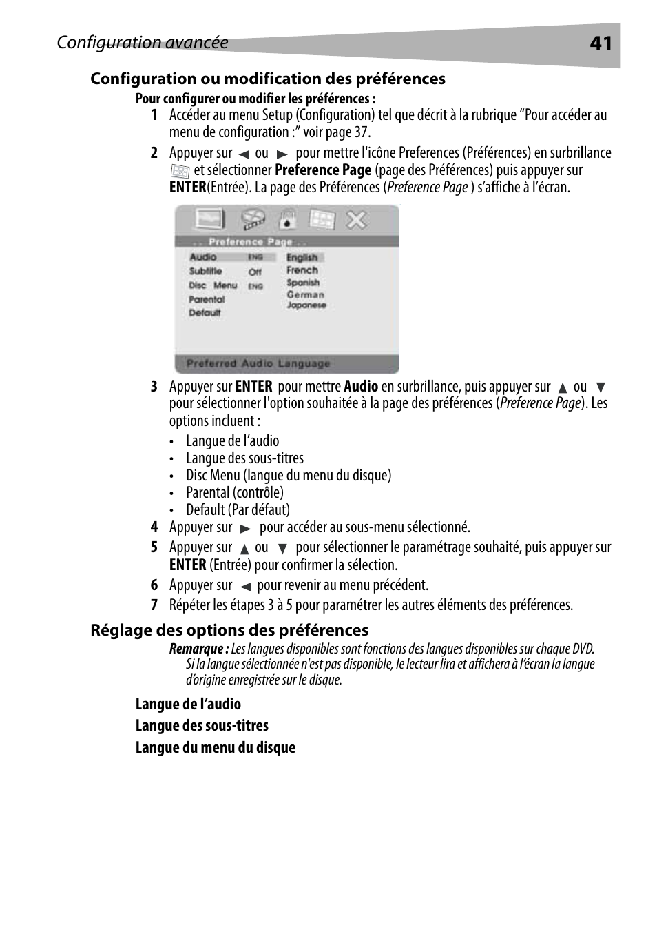 Configuration ou modification des préférences, Pour configurer ou modifier les préférences, Réglage des options des préférences | Dynex DX-PDVD9 User Manual | Page 41 / 84