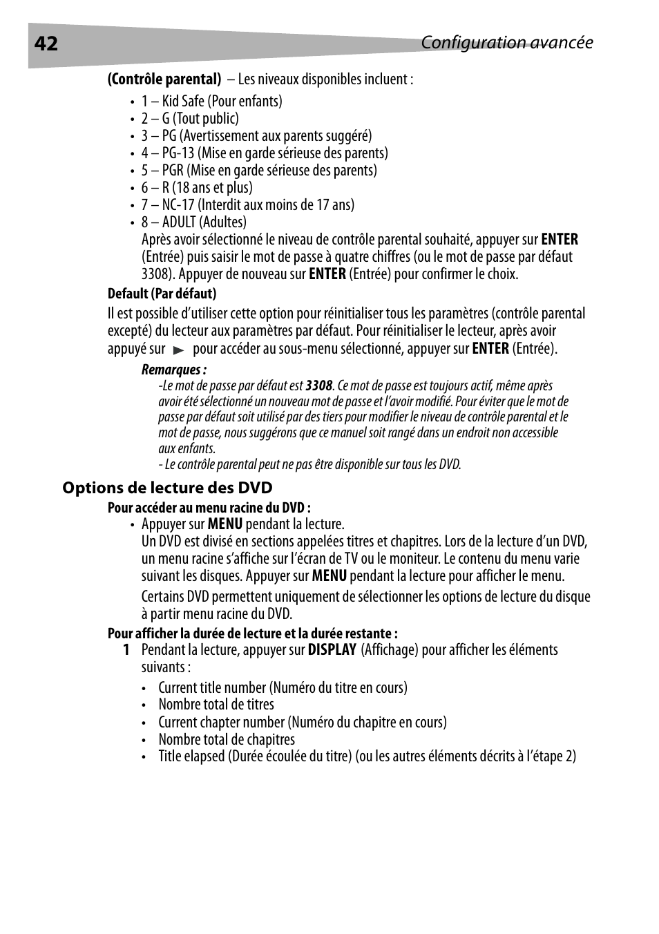 Default (par défaut), Options de lecture des dvd, Pour accéder au menu racine du dvd | Dynex DX-PDVD9 User Manual | Page 42 / 84