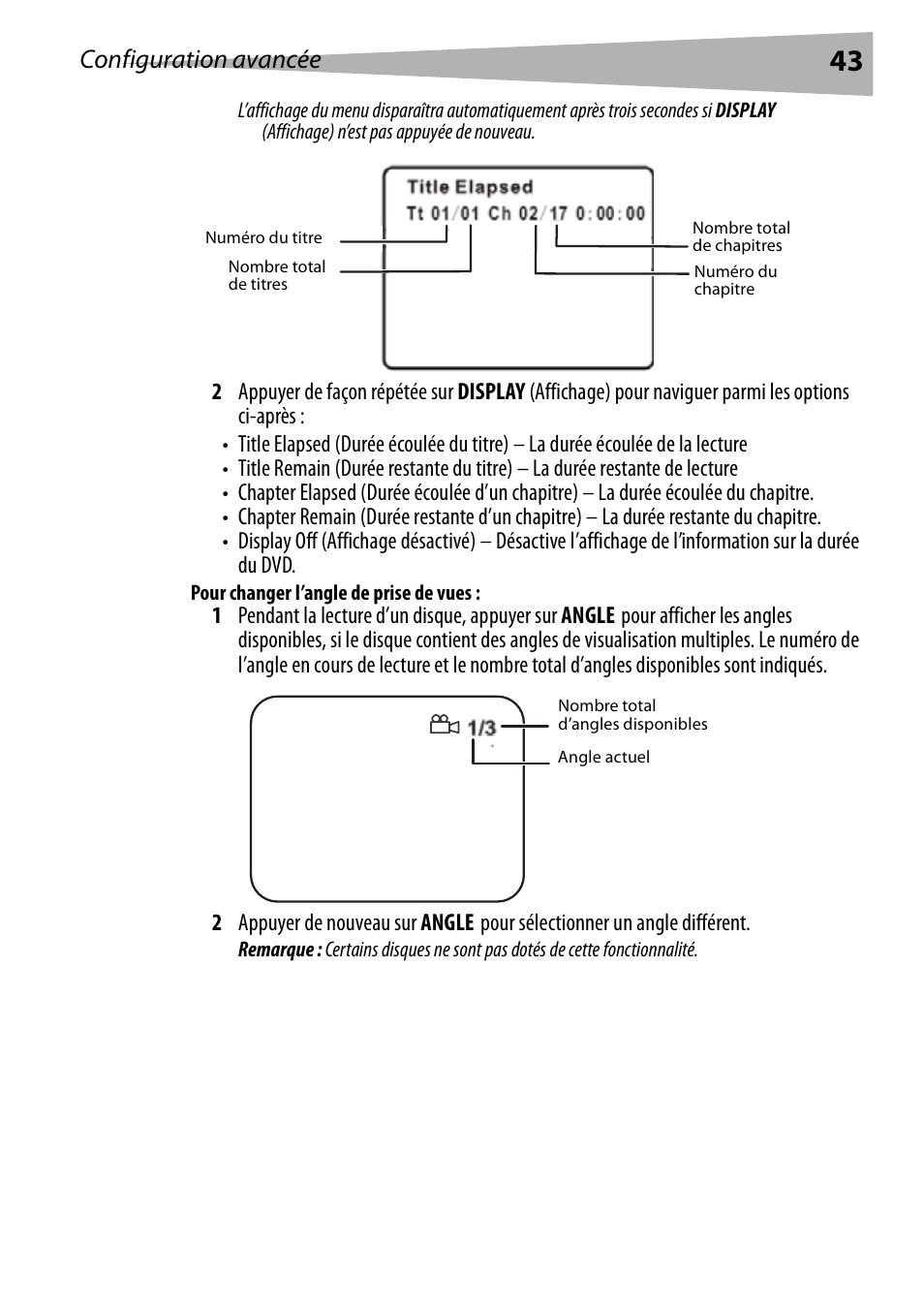 Pour changer l’angle de prise de vues, Configuration avancée | Dynex DX-PDVD9 User Manual | Page 43 / 84