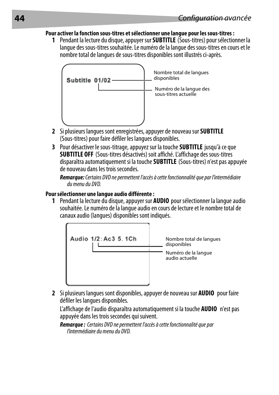 Pour sélectionner une langue audio différente, Configuration avancée | Dynex DX-PDVD9 User Manual | Page 44 / 84