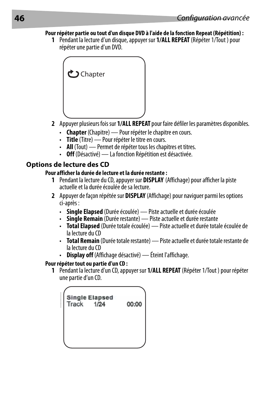 Options de lecture des cd, Pour répéter tout ou partie d’un cd | Dynex DX-PDVD9 User Manual | Page 46 / 84