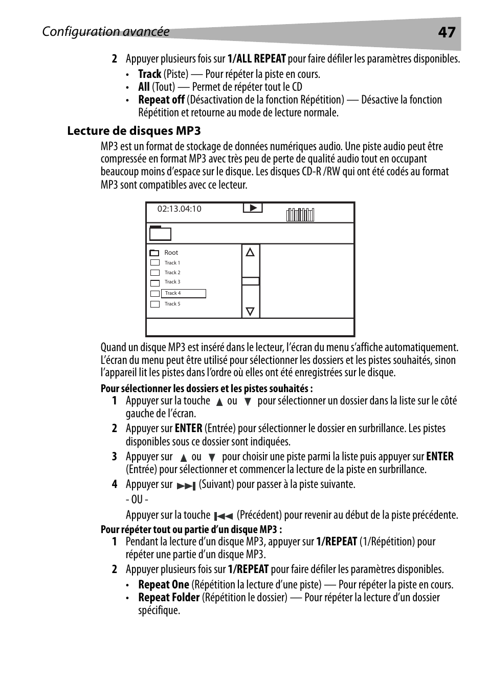 Lecture de disques mp3, Pour répéter tout ou partie d’un disque mp3, Configuration avancée | Dynex DX-PDVD9 User Manual | Page 47 / 84