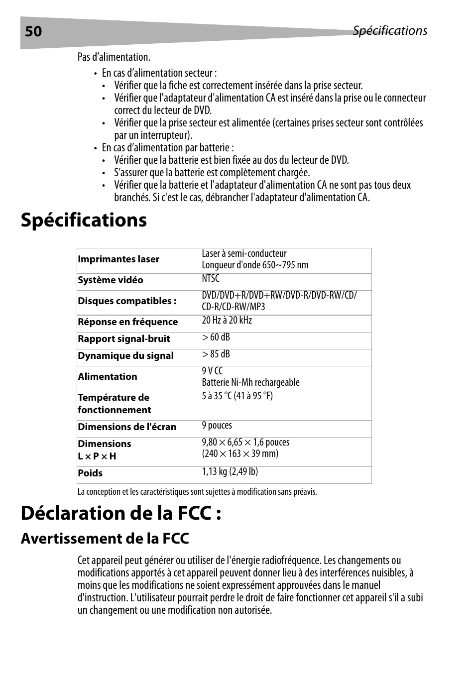 Spécifications, Déclaration de la fcc, Avertissement de la fcc | Dynex DX-PDVD9 User Manual | Page 50 / 84