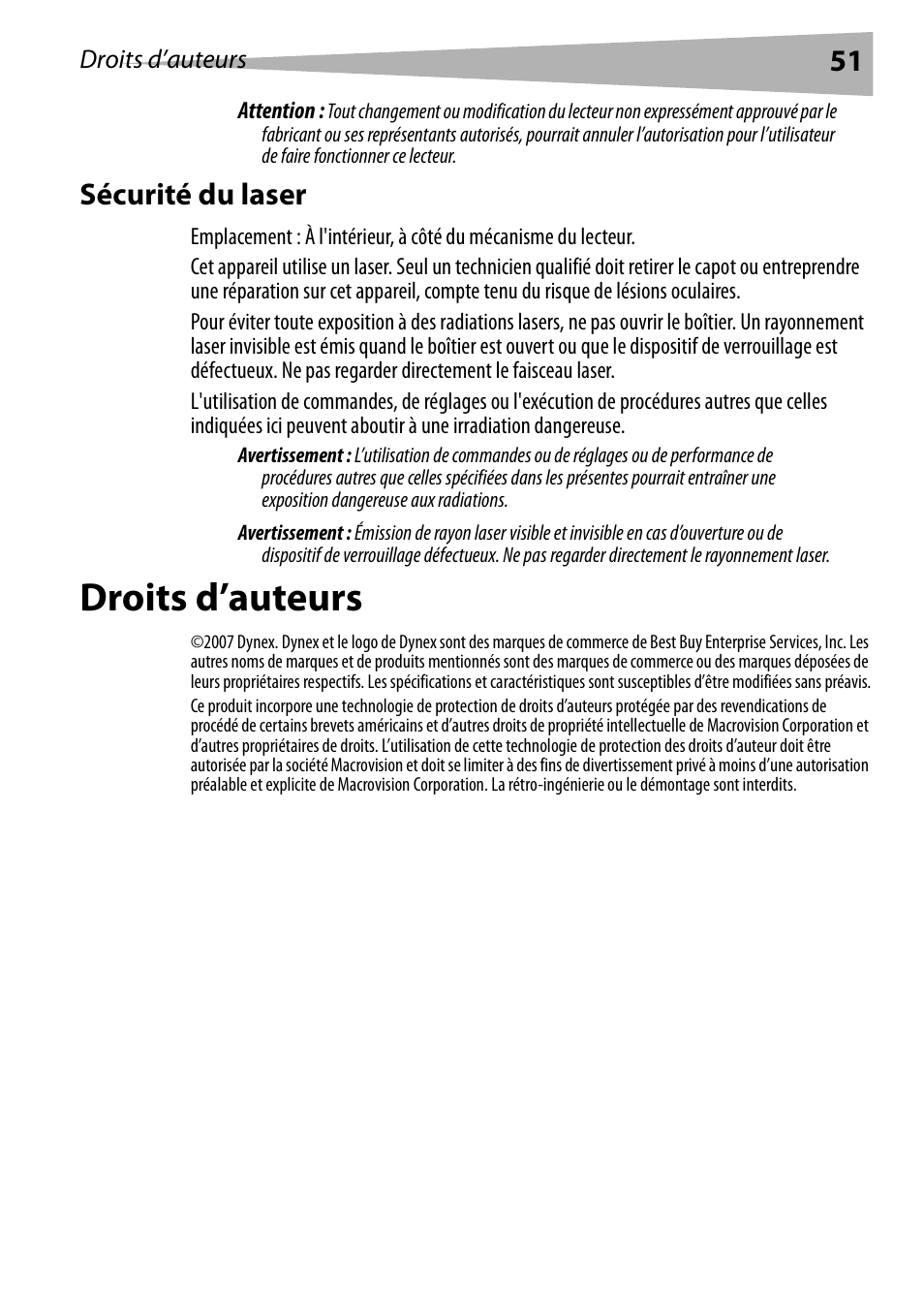 Sécurité du laser, Droits d’auteurs | Dynex DX-PDVD9 User Manual | Page 51 / 84