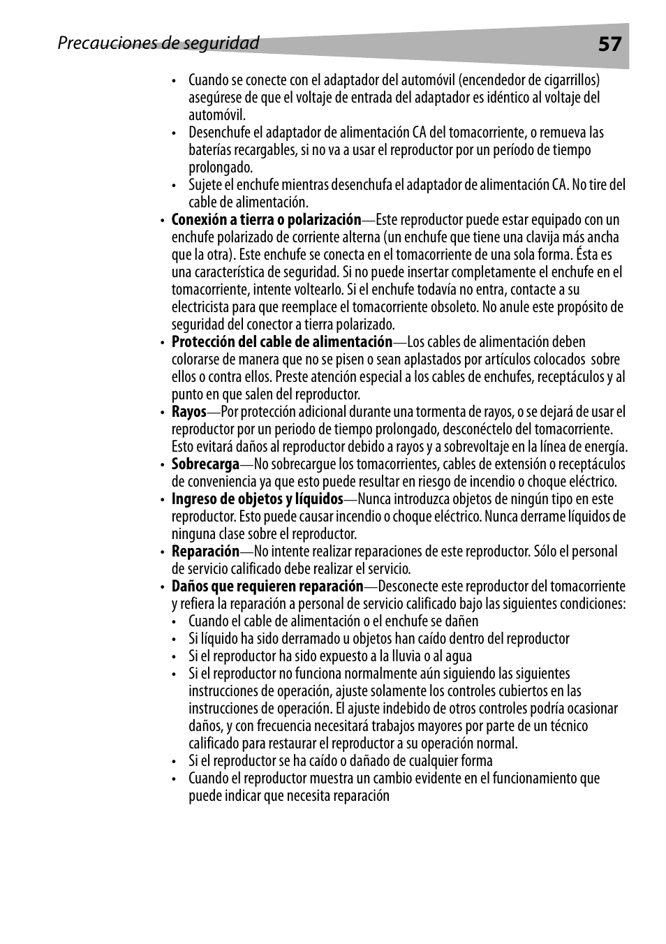 Precauciones de seguridad | Dynex DX-PDVD9 User Manual | Page 57 / 84