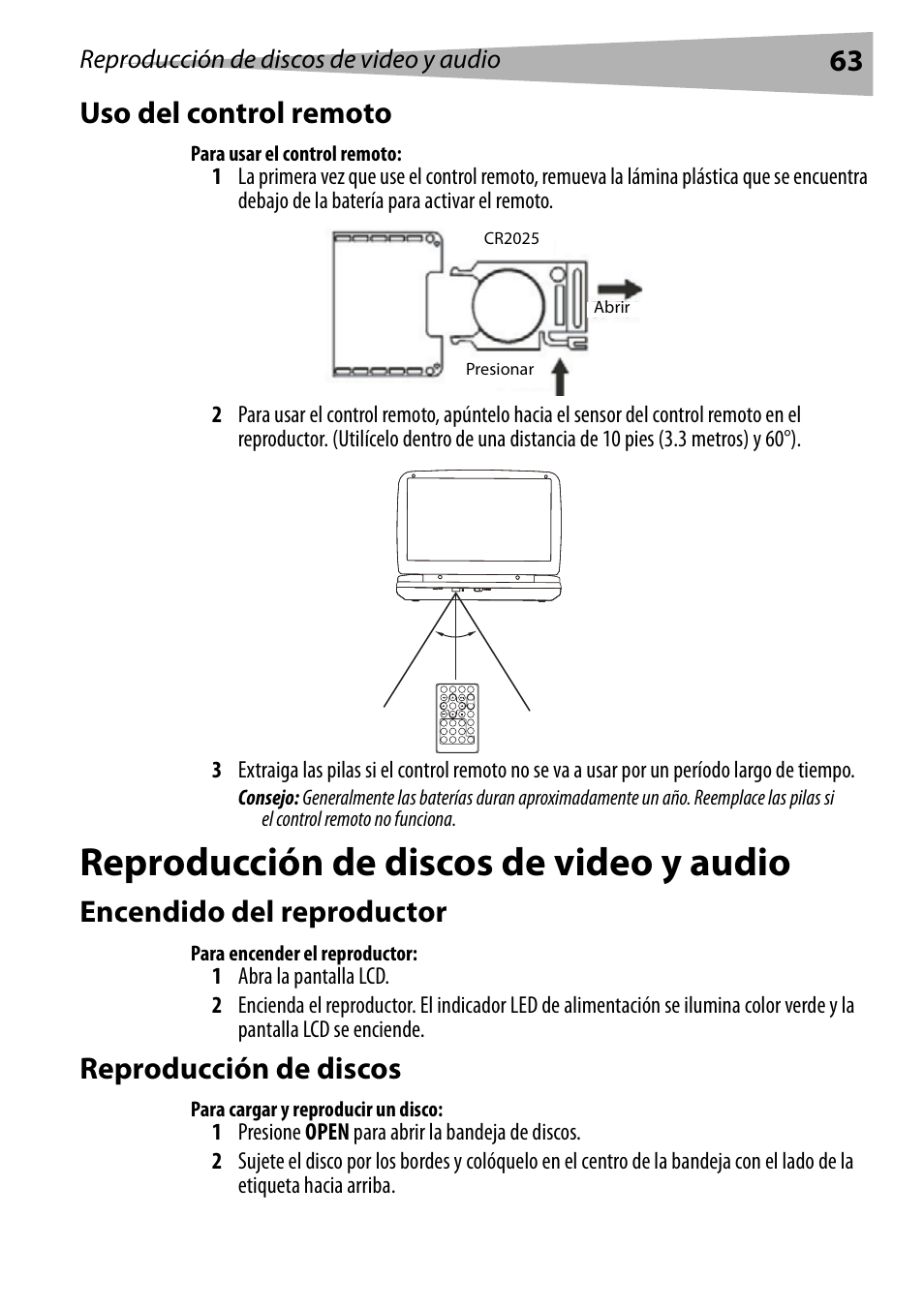 Uso del control remoto, Para usar el control remoto, Reproducción de discos de video y audio | Encendido del reproductor, Para encender el reproductor, Reproducción de discos, Para cargar y reproducir un disco, 63 uso del control remoto | Dynex DX-PDVD9 User Manual | Page 63 / 84