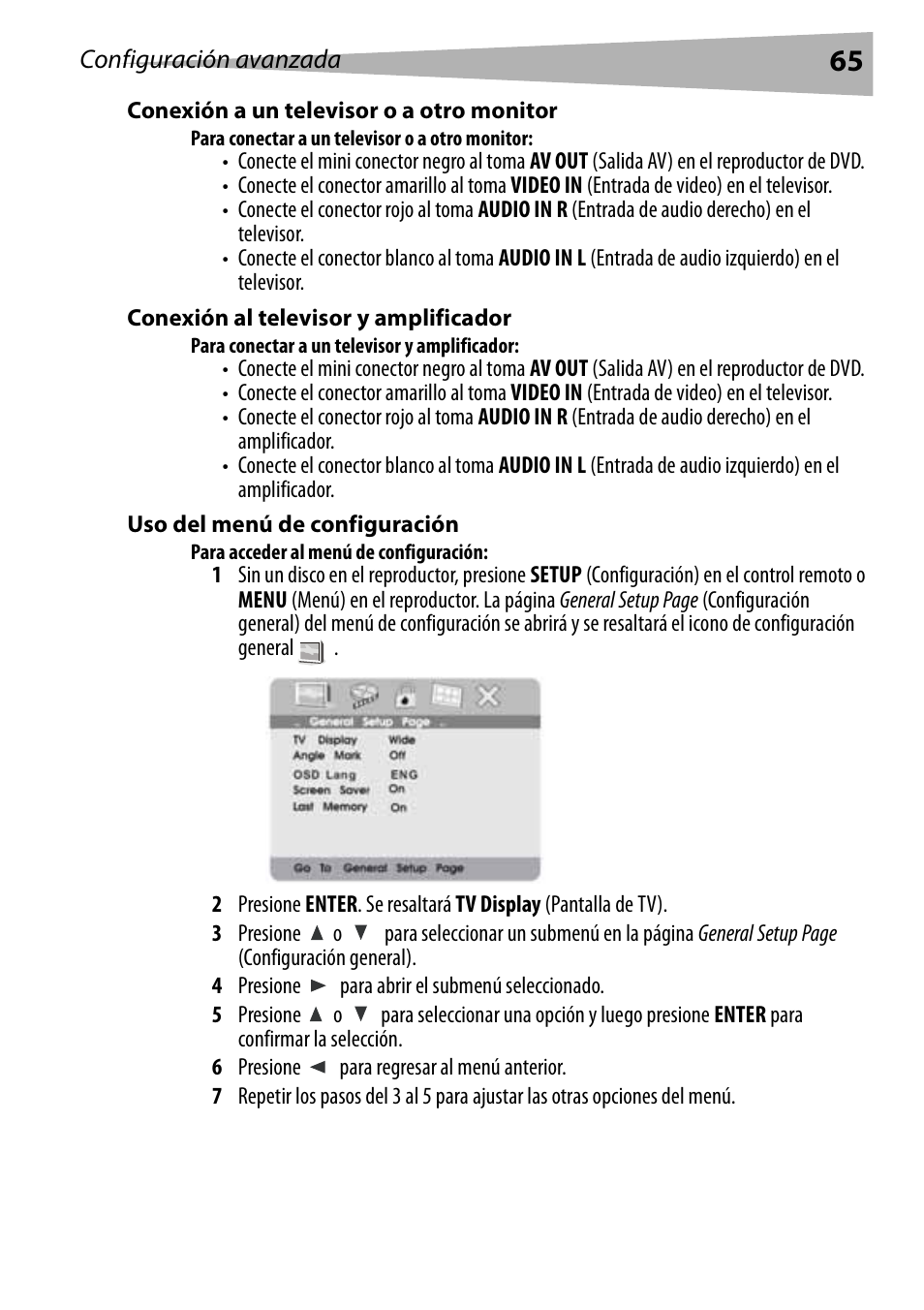 Conexión a un televisor o a otro monitor, Para conectar a un televisor o a otro monitor, Conexión al televisor y amplificador | Para conectar a un televisor y amplificador, Uso del menú de configuración, Para acceder al menú de configuración | Dynex DX-PDVD9 User Manual | Page 65 / 84