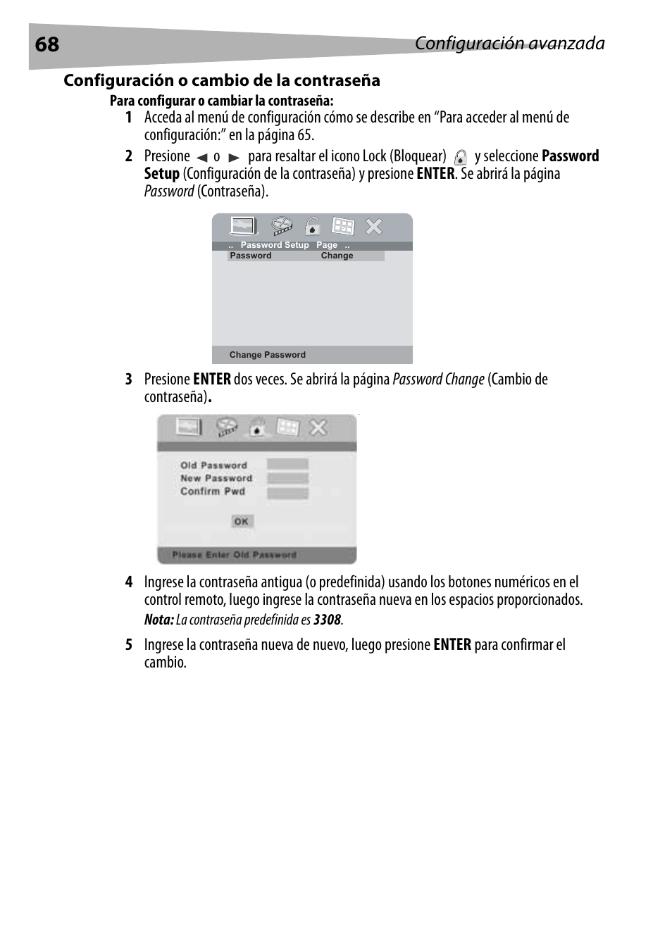 Configuración o cambio de la contraseña, Para configurar o cambiar la contraseña, Configuración avanzada | Dynex DX-PDVD9 User Manual | Page 68 / 84