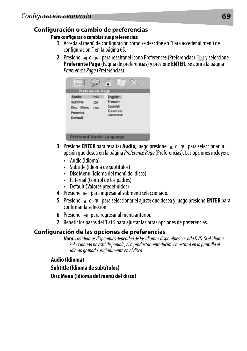 Configuración o cambio de preferencias, Para configurar o cambiar sus preferencias, Configuración de las opciones de preferencias | Dynex DX-PDVD9 User Manual | Page 69 / 84