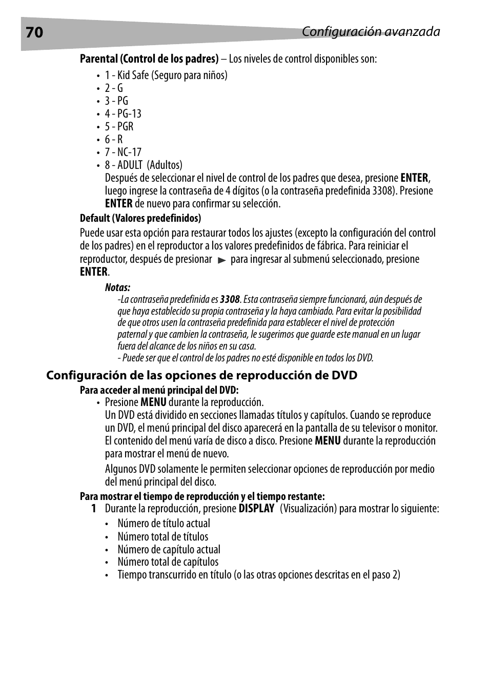 Default (valores predefinidos), Para acceder al menú principal del dvd | Dynex DX-PDVD9 User Manual | Page 70 / 84