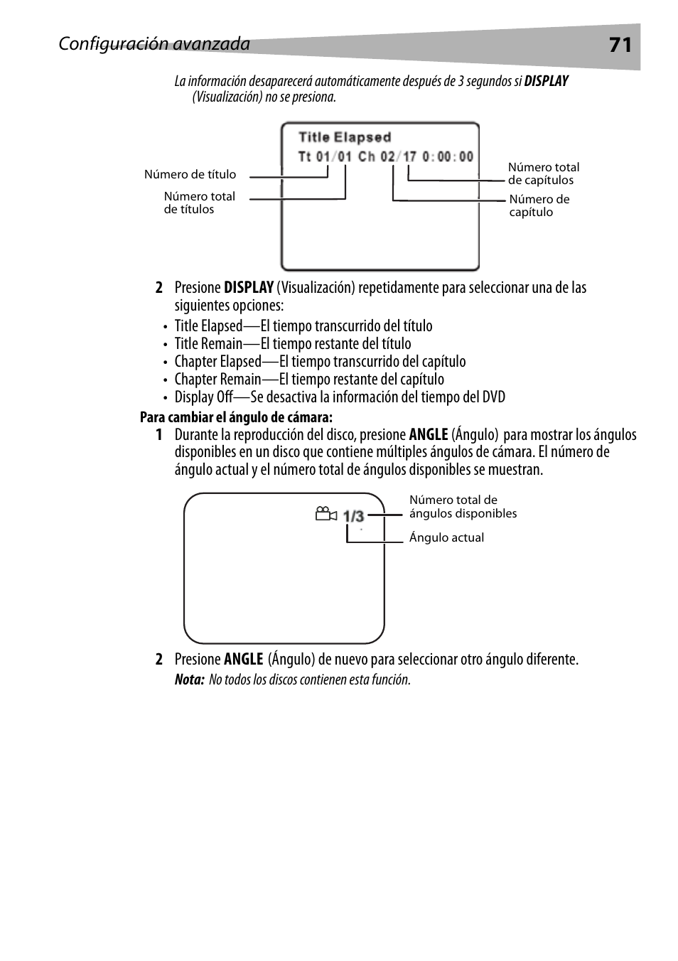 Para cambiar el ángulo de cámara, Configuración avanzada | Dynex DX-PDVD9 User Manual | Page 71 / 84