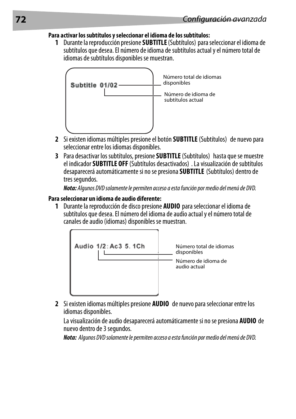 Para seleccionar un idioma de audio diferente, Configuración avanzada | Dynex DX-PDVD9 User Manual | Page 72 / 84