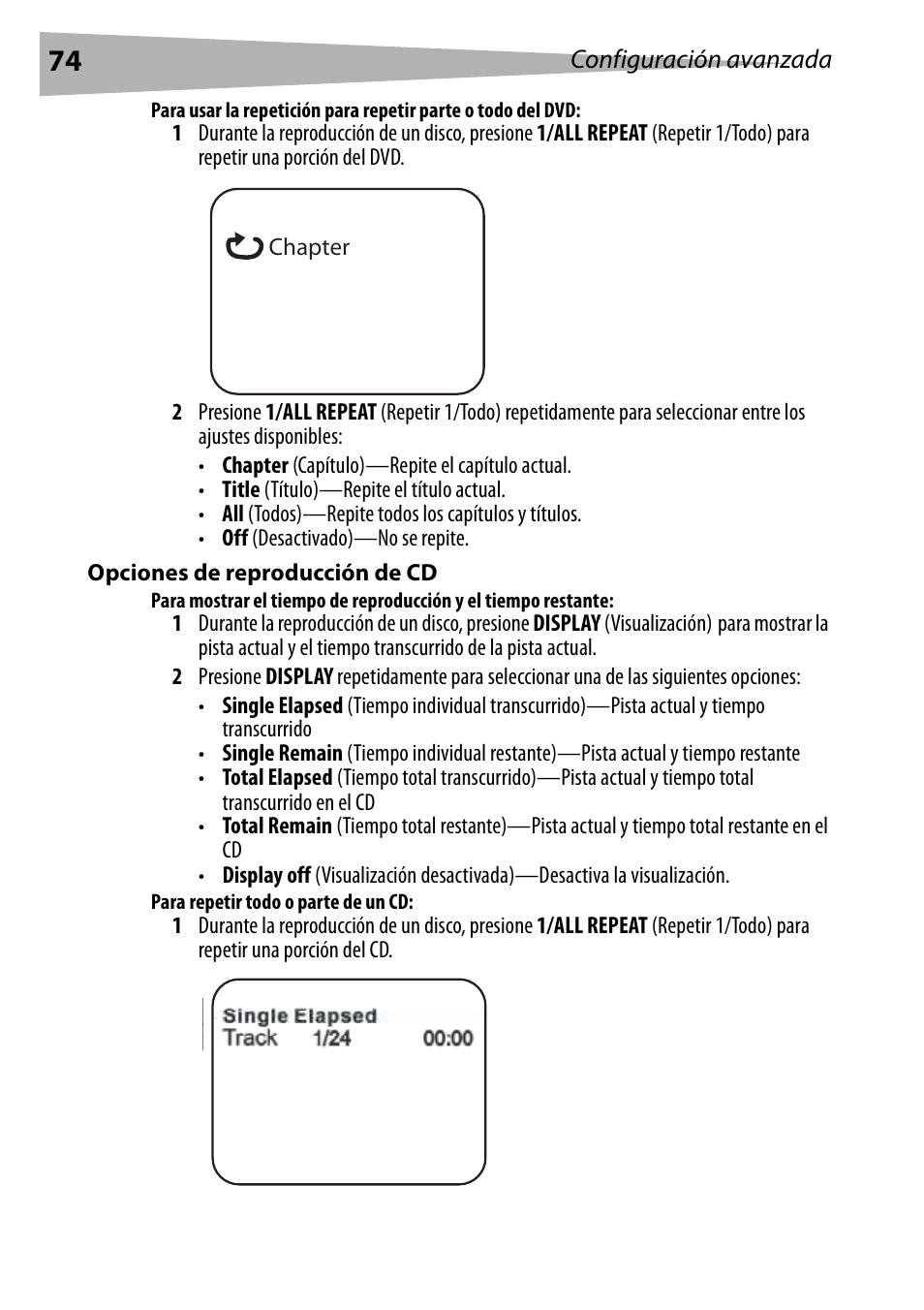 Opciones de reproducción de cd, Para repetir todo o parte de un cd | Dynex DX-PDVD9 User Manual | Page 74 / 84