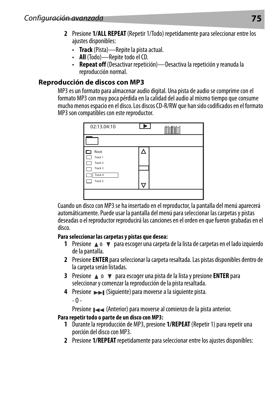 Reproducción de discos con mp3, Para seleccionar las carpetas y pistas que desea, Para repetir todo o parte de un disco con mp3 | Configuración avanzada | Dynex DX-PDVD9 User Manual | Page 75 / 84