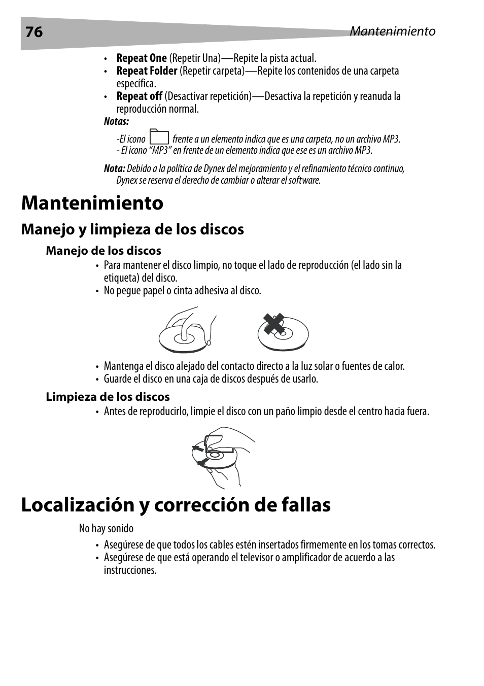 Mantenimiento, Manejo y limpieza de los discos, Manejo de los discos | Limpieza de los discos, Localización y corrección de fallas, Mantenimiento localización y corrección de fallas | Dynex DX-PDVD9 User Manual | Page 76 / 84