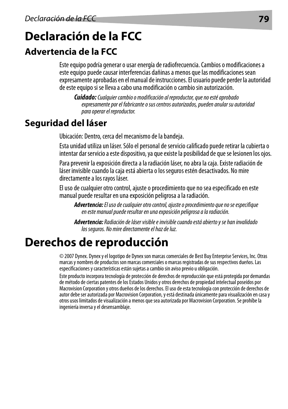 Declaración de la fcc, Advertencia de la fcc, Seguridad del láser | Derechos de reproducción | Dynex DX-PDVD9 User Manual | Page 79 / 84