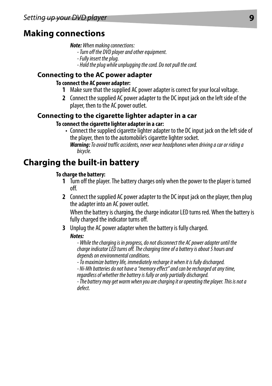 Making connections, Connecting to the ac power adapter, To connect the ac power adapter | To connect the cigarette lighter adapter in a car, Charging the built-in battery, To charge the battery, 9making connections | Dynex DX-PDVD9 User Manual | Page 9 / 84