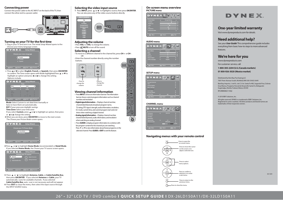 One-year limited warranty, Need additional help, We’re here for you | Front and side features installing the stand, Installing a wall-mount bracket, Setting up your remote control, Connecting an antenna, Connecting a home theater system, Connecting power, Turning on your tv for the first time | Dynex DX-26LD150A11 User Manual | Page 2 / 2