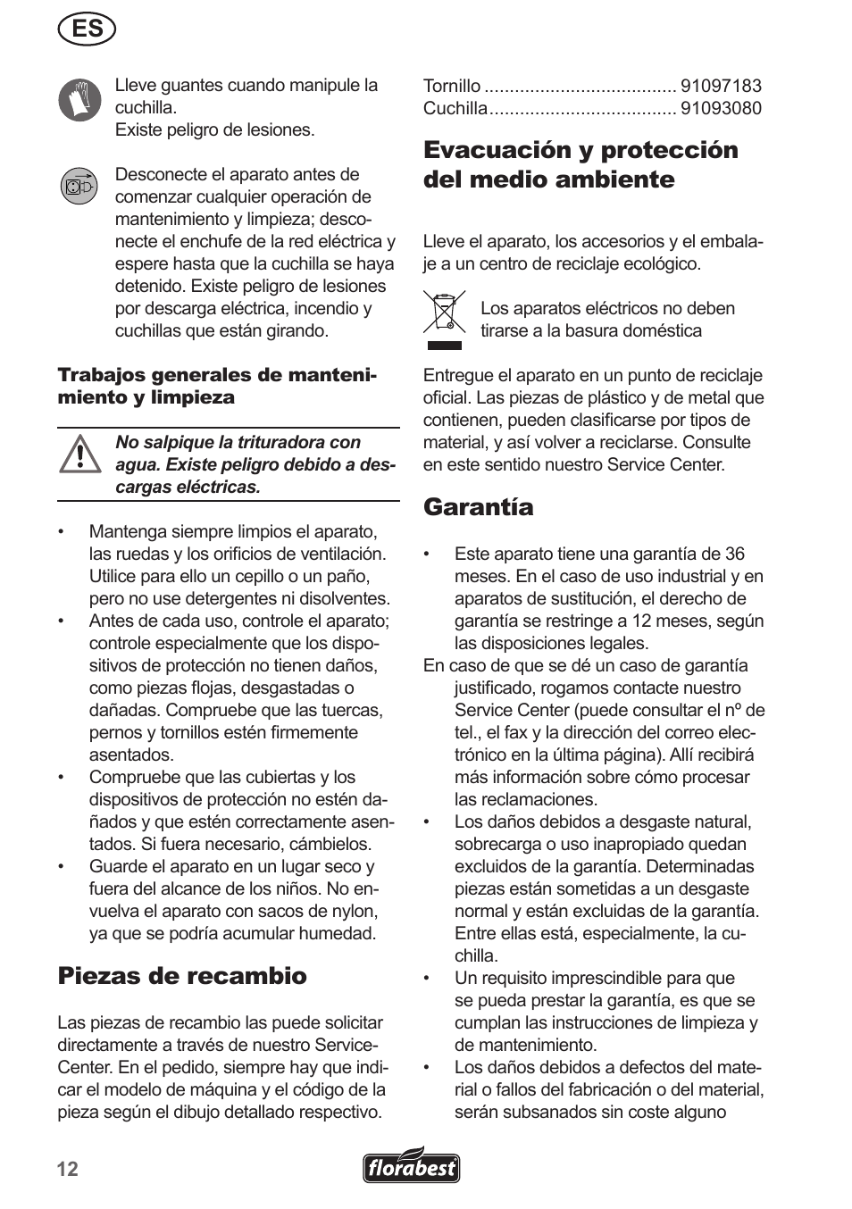 Piezas de recambio, Evacuación y protección del medio ambiente, Garantía | Florabest FMH 2400 A1 User Manual | Page 12 / 58