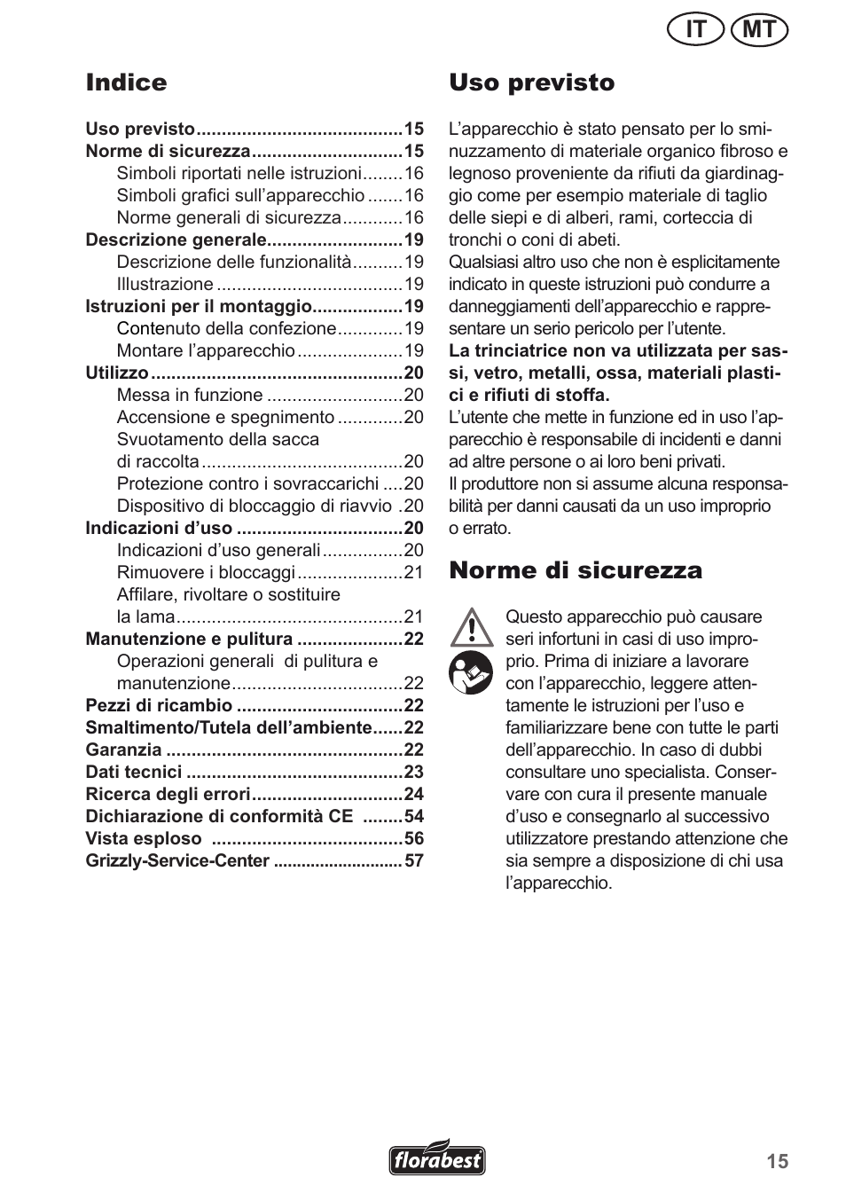 Mt it uso previsto, Norme di sicurezza, Indice | Florabest FMH 2400 A1 User Manual | Page 15 / 58