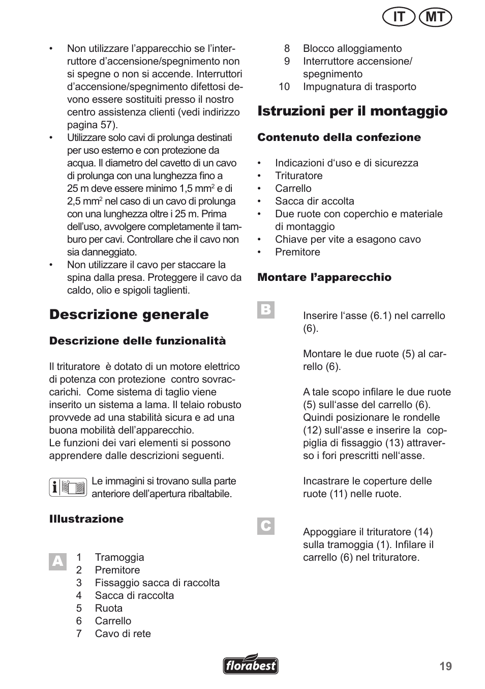Mt it, Descrizione generale, Istruzioni per il montaggio | Florabest FMH 2400 A1 User Manual | Page 19 / 58