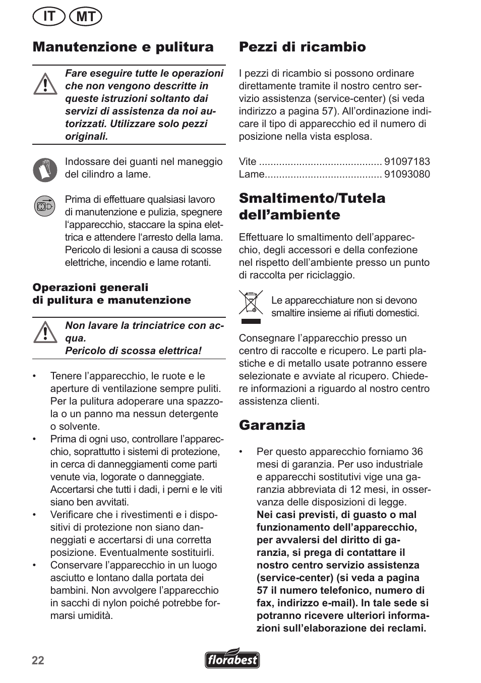Mt it manutenzione e pulitura, Pezzi di ricambio, Smaltimento/tutela dell’ambiente | Garanzia | Florabest FMH 2400 A1 User Manual | Page 22 / 58