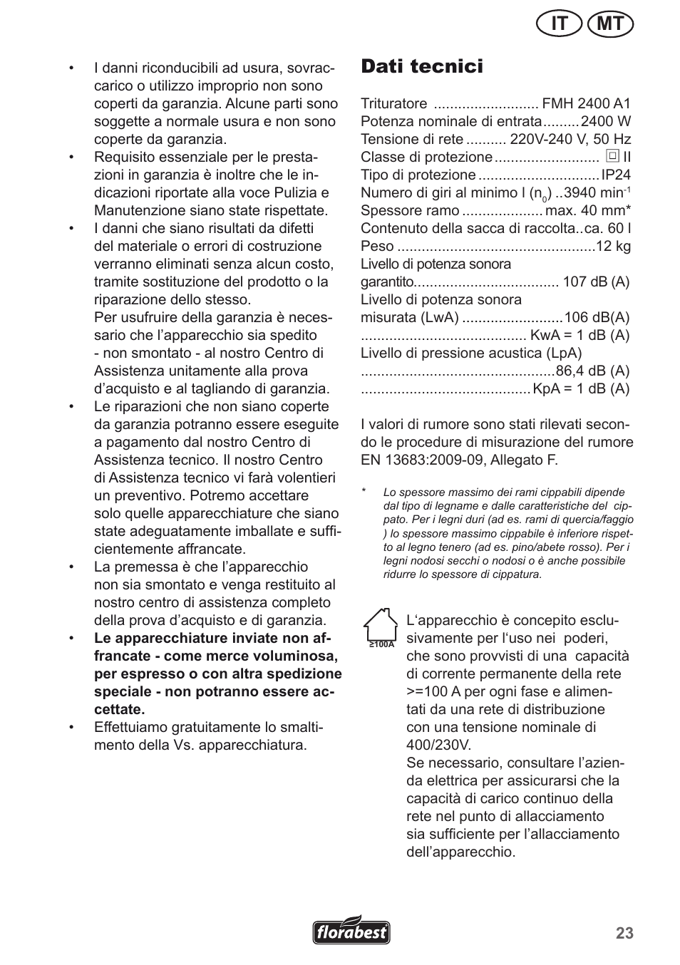 Mt it, Dati tecnici | Florabest FMH 2400 A1 User Manual | Page 23 / 58