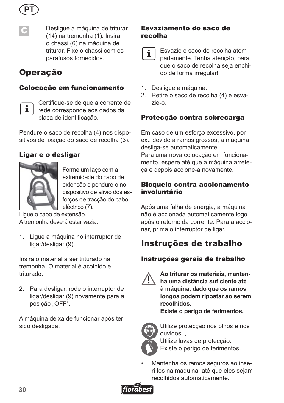 Operação, Instruções de trabalho | Florabest FMH 2400 A1 User Manual | Page 30 / 58