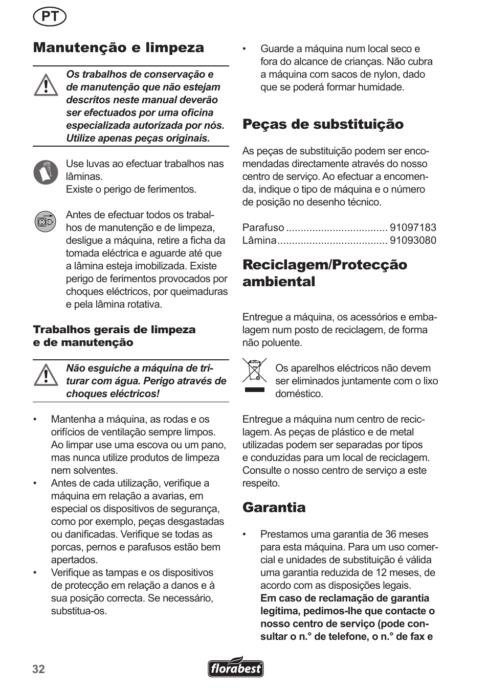 Pt manutenção e limpeza, Peças de substituição, Reciclagem/protecção ambiental | Garantia | Florabest FMH 2400 A1 User Manual | Page 32 / 58