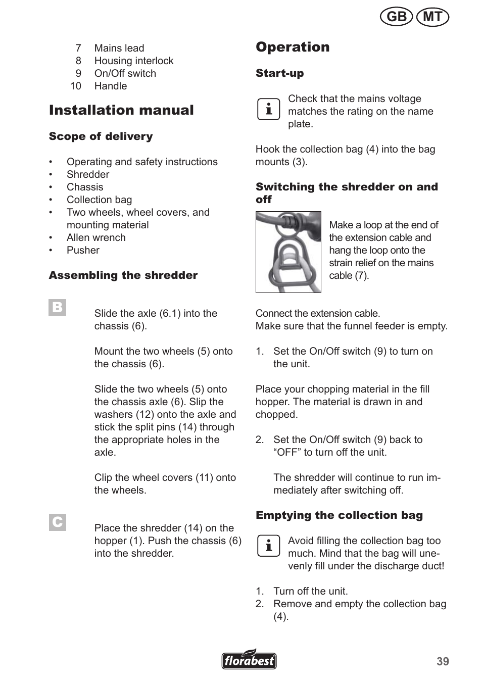 Mt gb, Installation manual, Operation | Florabest FMH 2400 A1 User Manual | Page 39 / 58