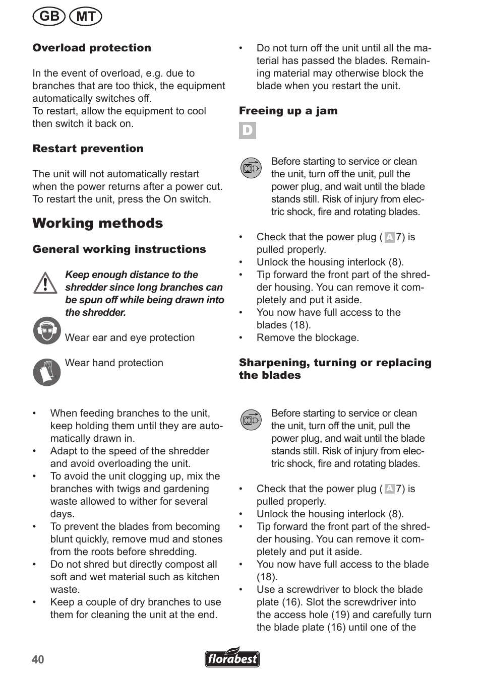 Mt gb, Working methods | Florabest FMH 2400 A1 User Manual | Page 40 / 58