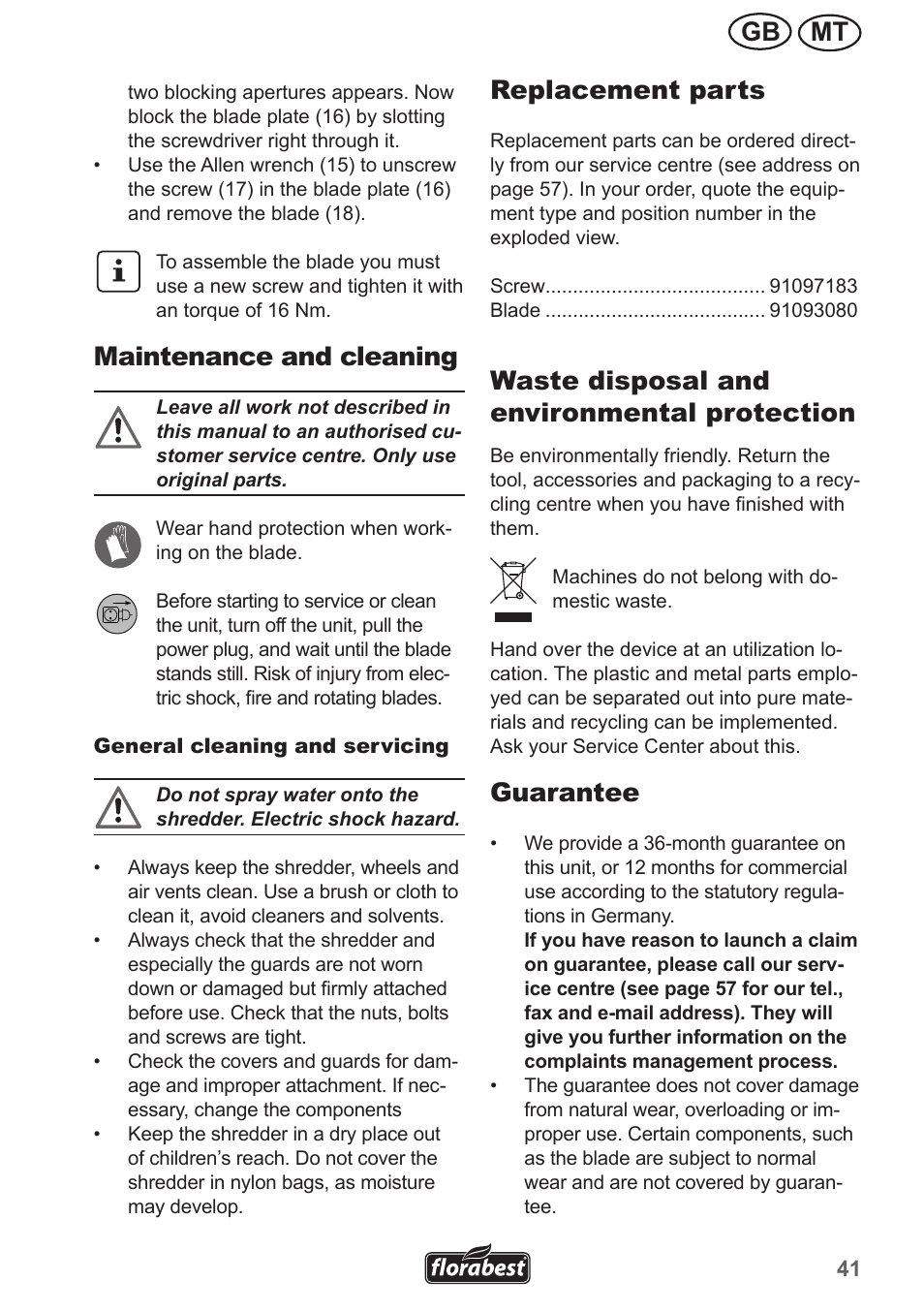 Mt gb, Maintenance and cleaning, Replacement parts | Waste disposal and environmental protection, Guarantee | Florabest FMH 2400 A1 User Manual | Page 41 / 58