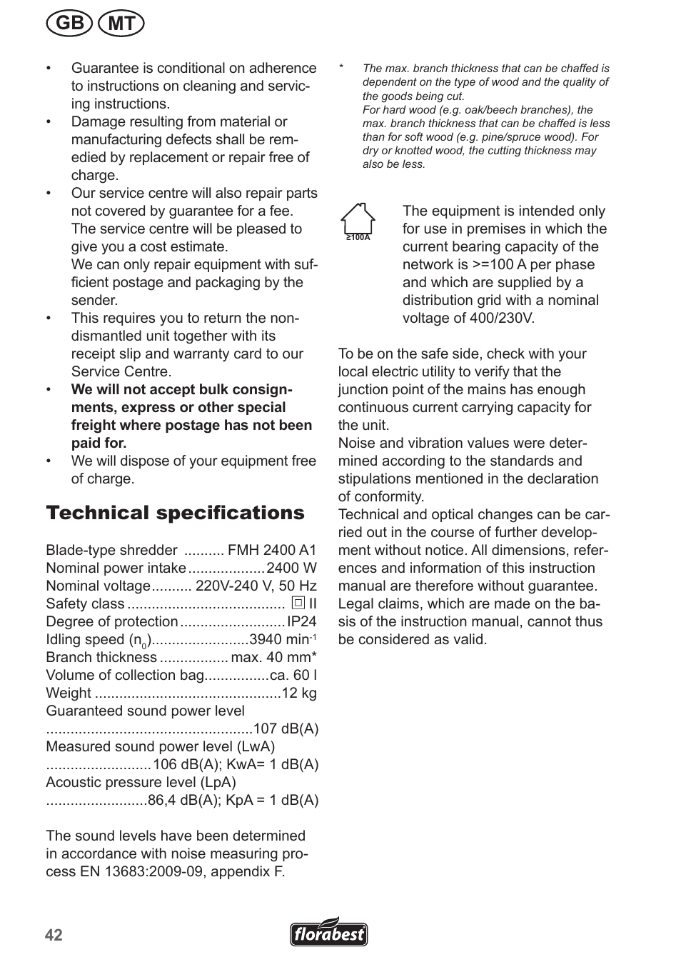 Mt gb, Technical specifications | Florabest FMH 2400 A1 User Manual | Page 42 / 58