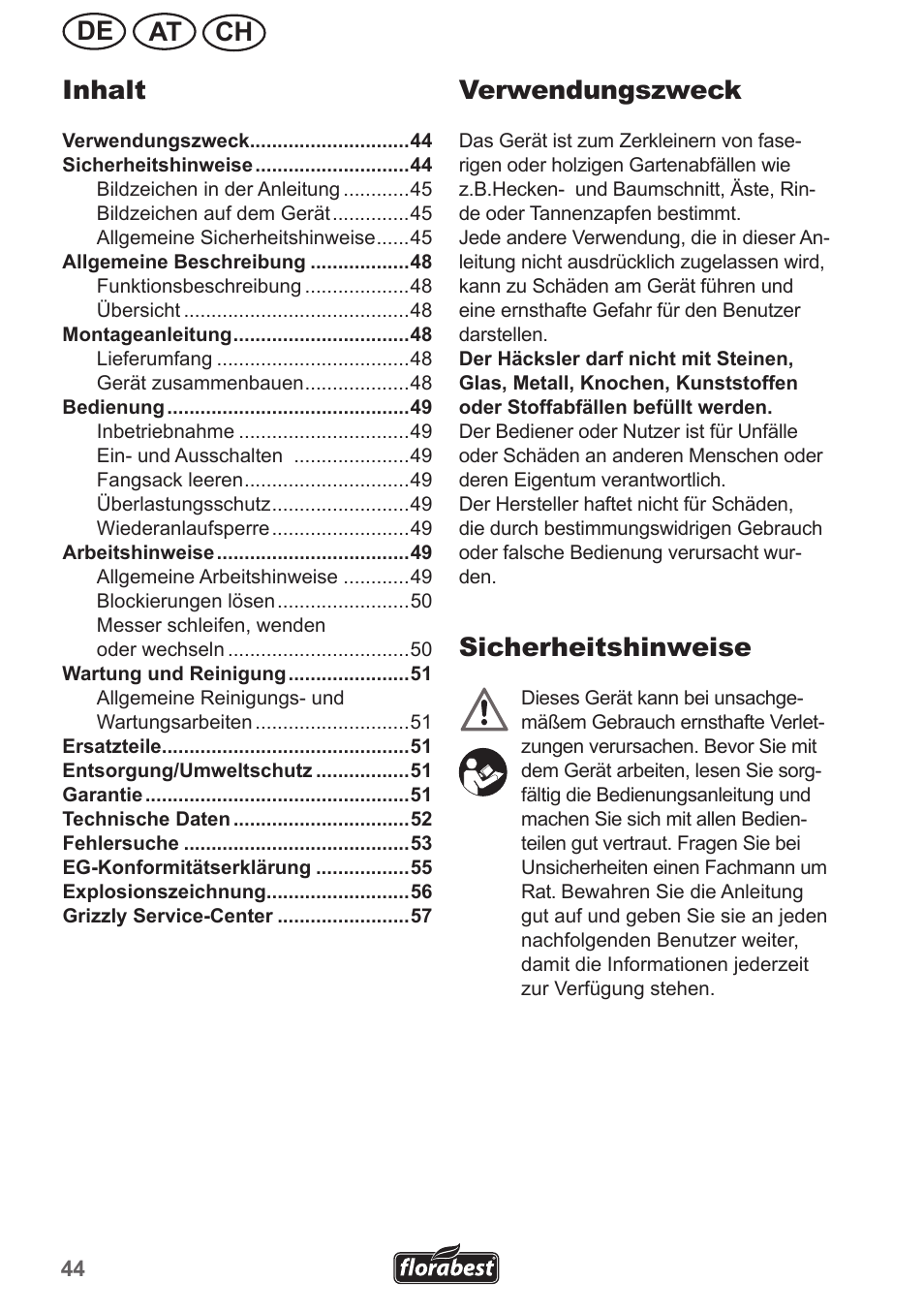 Ch at de verwendungszweck, Sicherheitshinweise, Inhalt | Florabest FMH 2400 A1 User Manual | Page 44 / 58