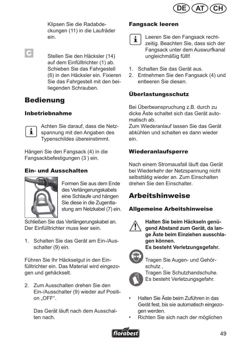 Ch at de, Bedienung, Arbeitshinweise | Florabest FMH 2400 A1 User Manual | Page 49 / 58