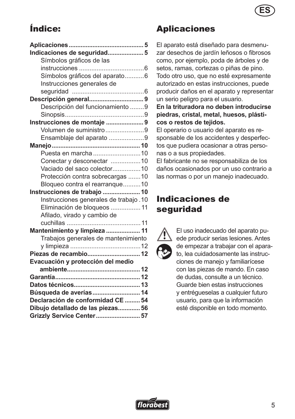 Es aplicaciones, Indicaciones de seguridad, Índice | Florabest FMH 2400 A1 User Manual | Page 5 / 58