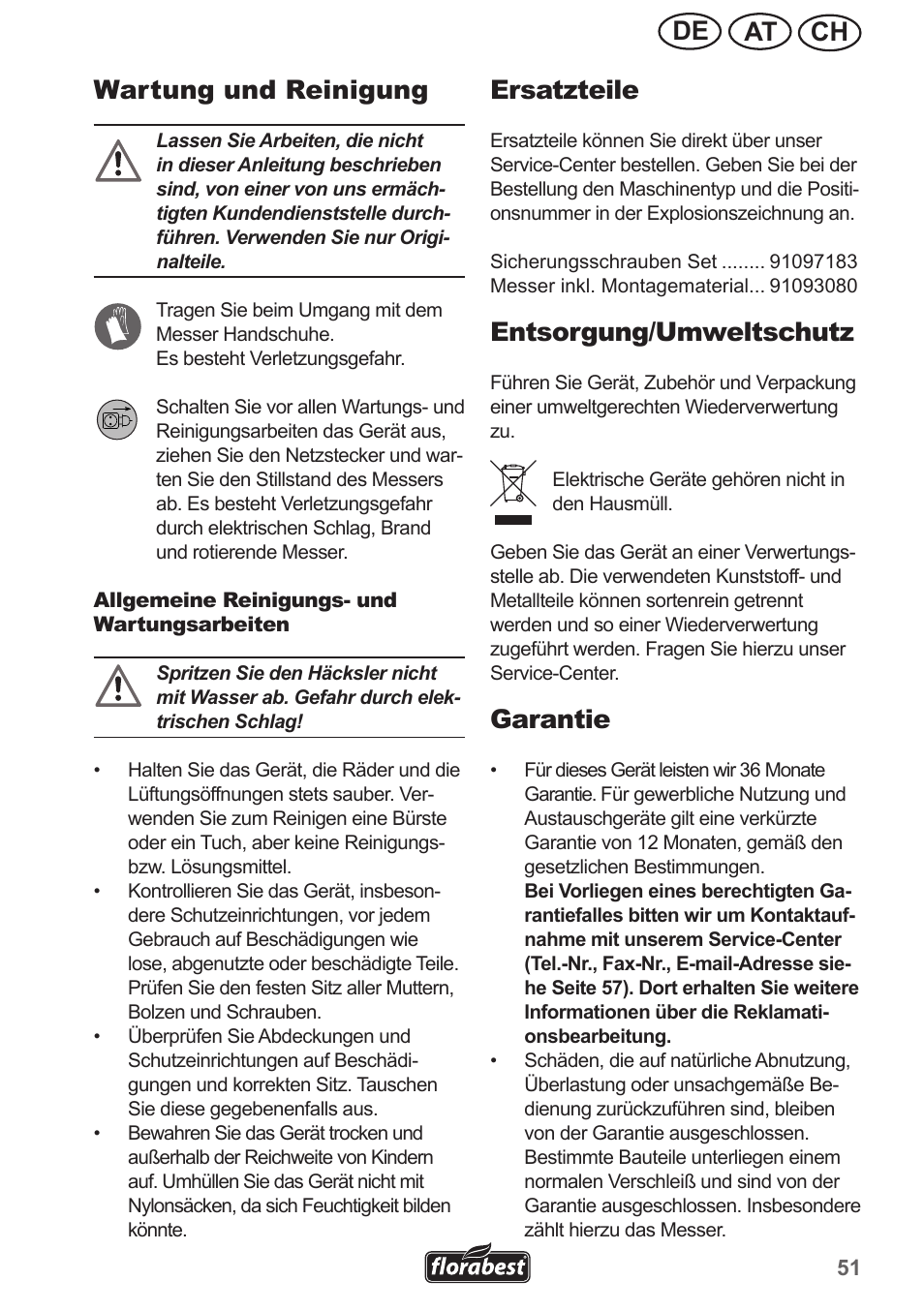 Ch at de wartung und reinigung, Ersatzteile, Entsorgung/umweltschutz | Garantie | Florabest FMH 2400 A1 User Manual | Page 51 / 58
