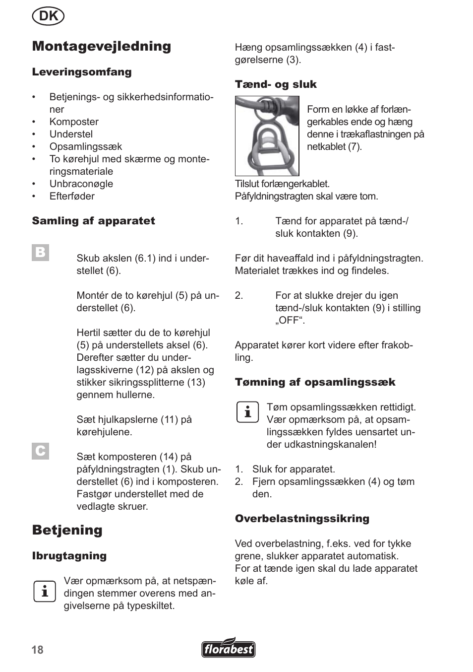 Dk montagevejledning, Betjening | Florabest FMH 2400 A1 User Manual | Page 18 / 66