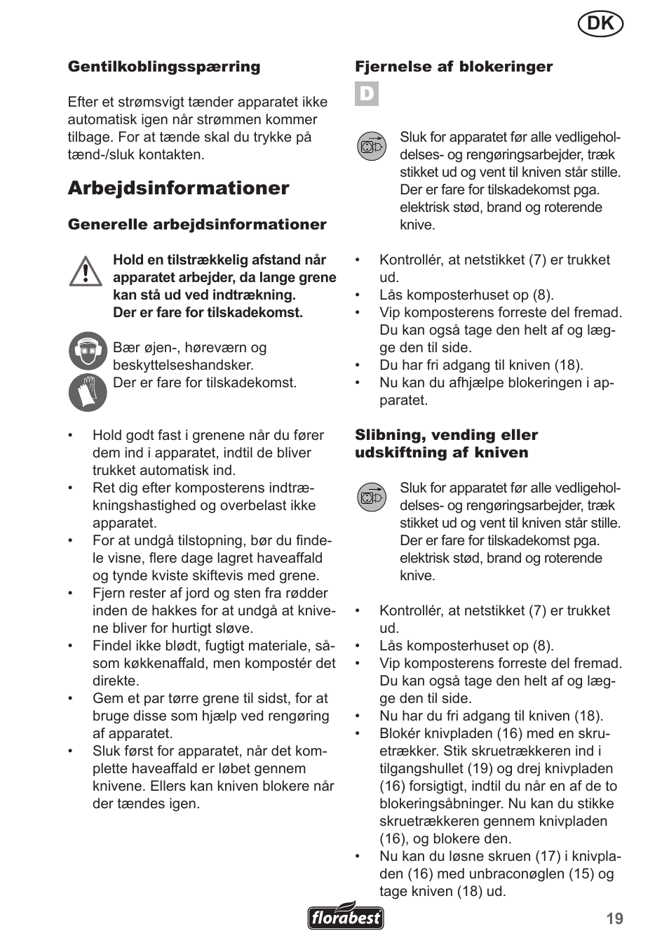 Arbejdsinformationer | Florabest FMH 2400 A1 User Manual | Page 19 / 66