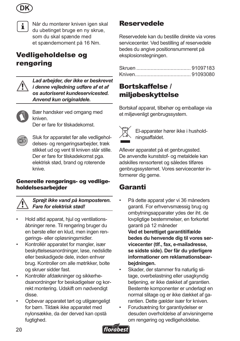 Vedligeholdelse og rengøring, Reservedele, Bortskaffelse / miljøbeskyttelse | Garanti | Florabest FMH 2400 A1 User Manual | Page 20 / 66