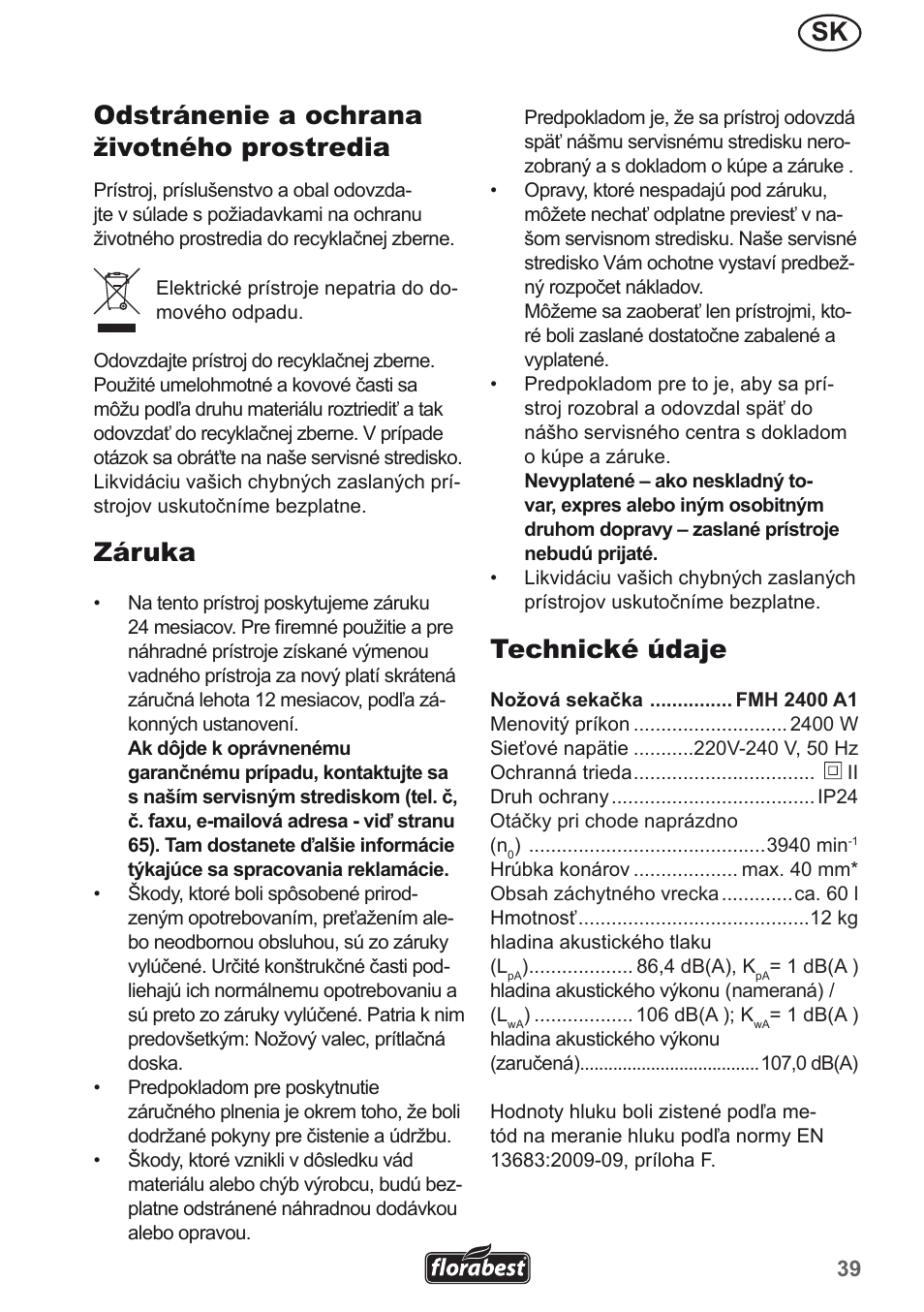 Sk odstránenie a ochrana životného prostredia, Záruka, Technické údaje | Florabest FMH 2400 A1 User Manual | Page 39 / 66