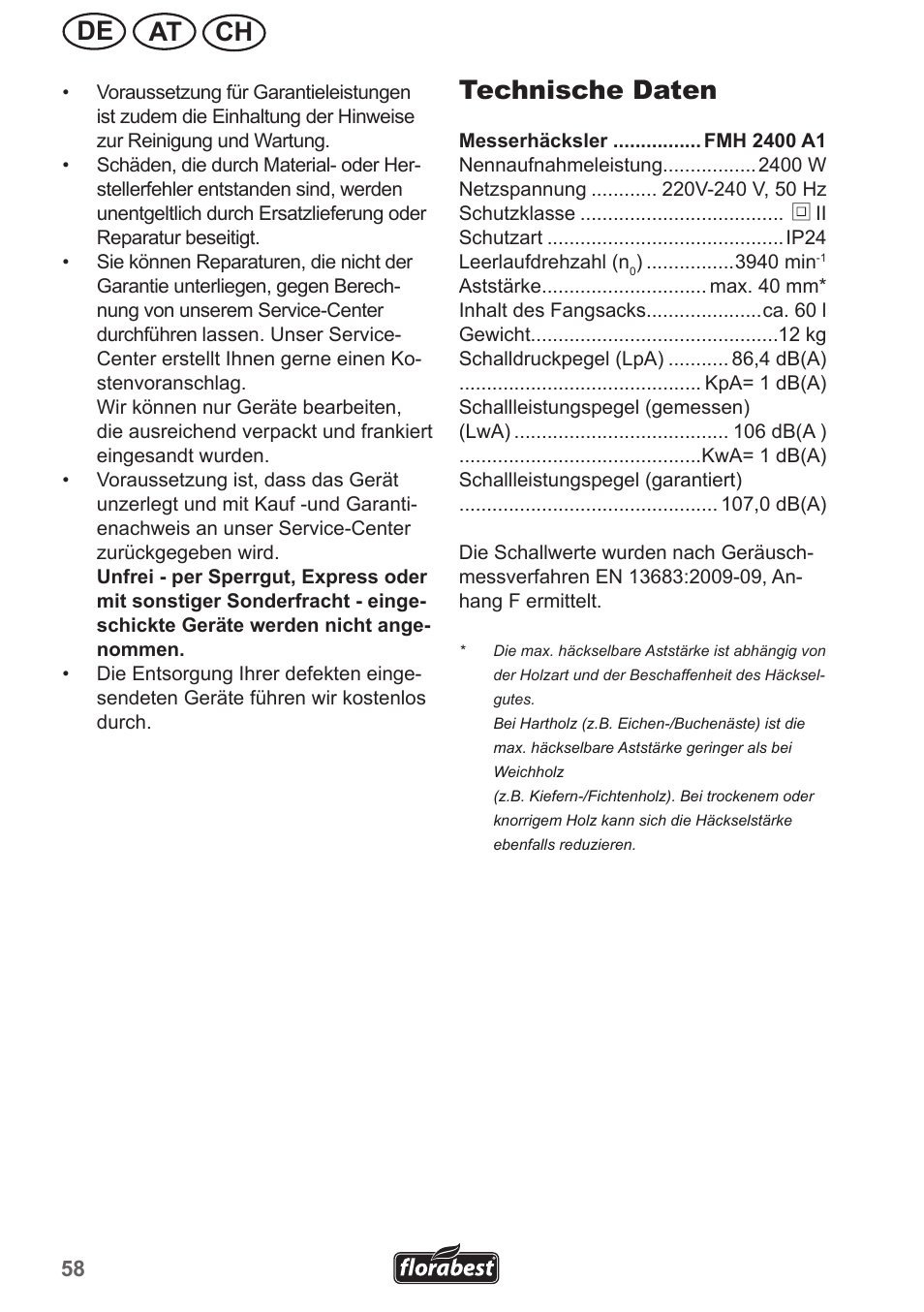 Ch at de, Technische daten | Florabest FMH 2400 A1 User Manual | Page 58 / 66