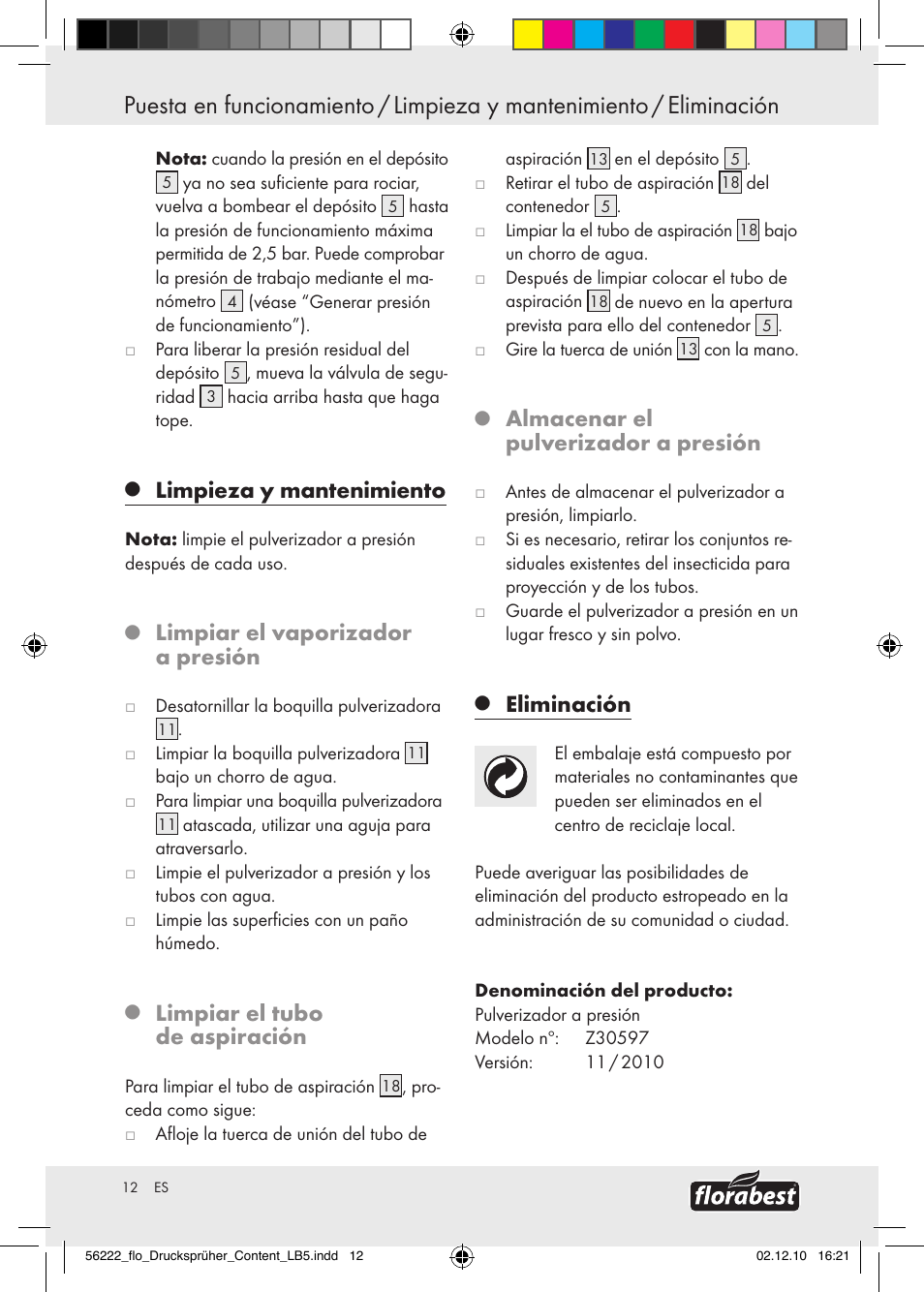 Limpieza y mantenimiento, Limpiar el vaporizador a presión, Limpiar el tubo de aspiración | Almacenar el pulverizador a presión, Eliminación | Florabest Z30597 User Manual | Page 10 / 39