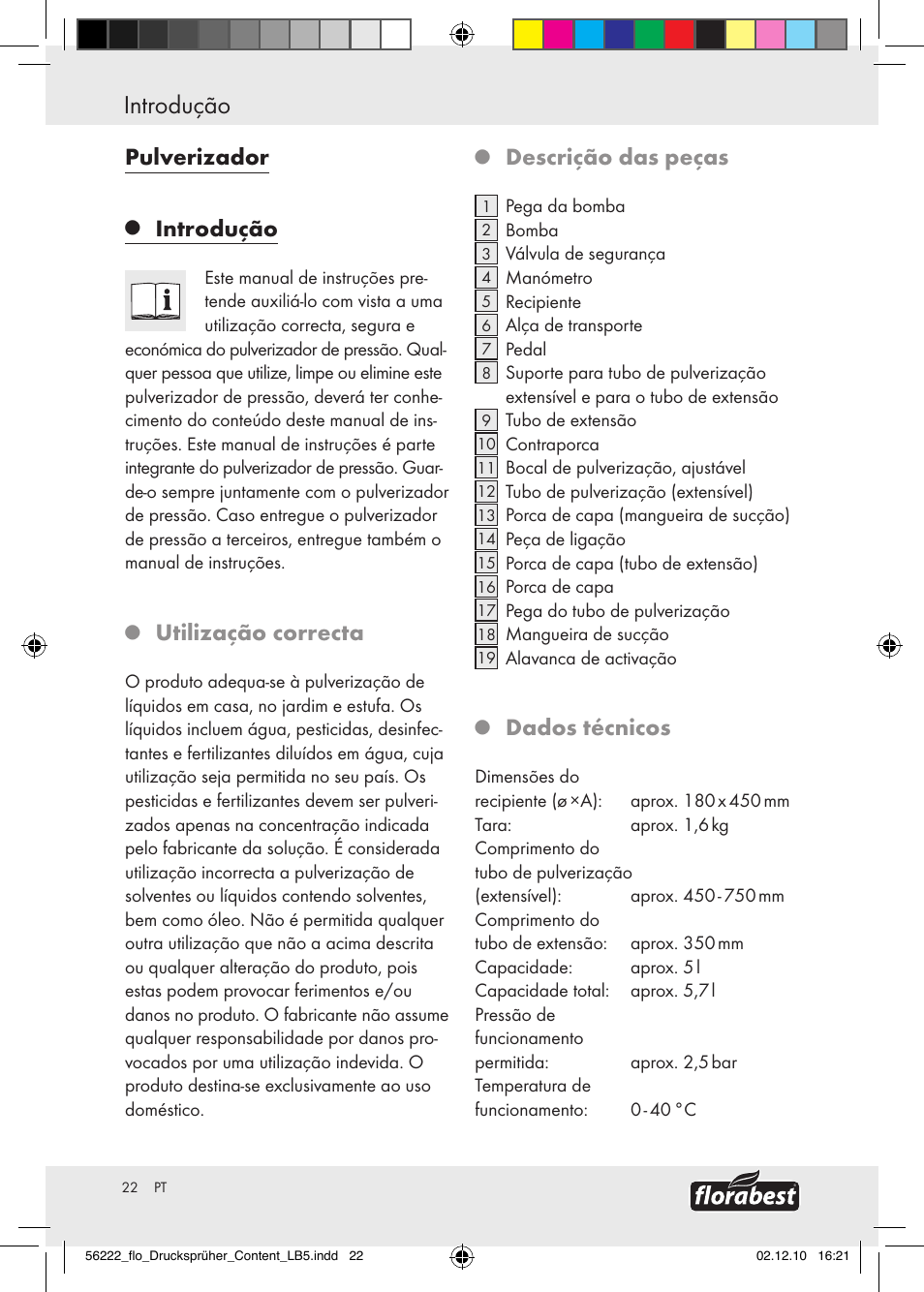 Introdução / indicações de segurança, Introdução, Pulverizador | Utilização correcta, Descrição das peças, Dados técnicos | Florabest Z30597 User Manual | Page 20 / 39
