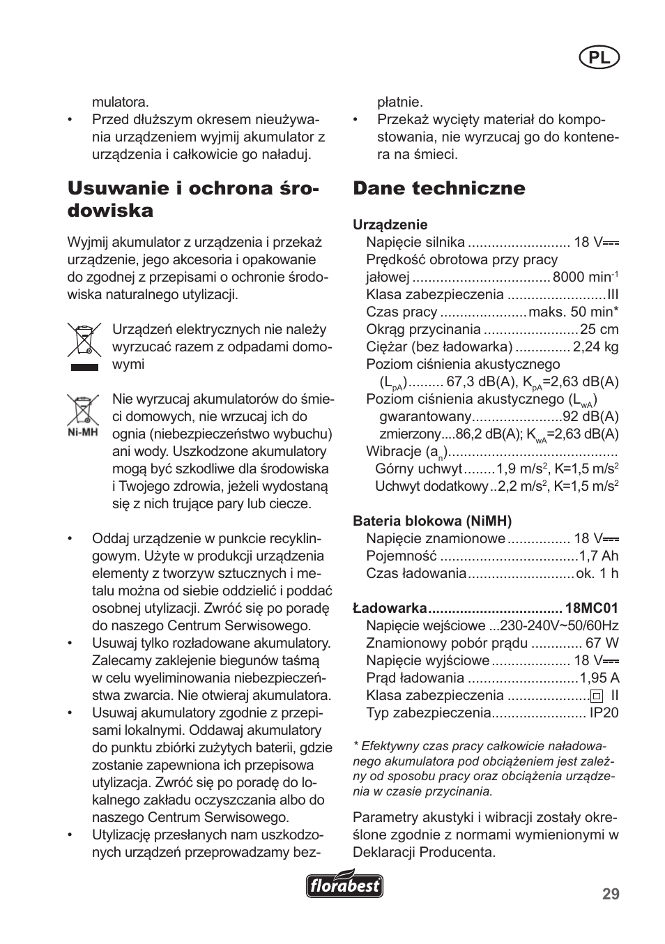Usuwanie i ochrona śro- dowiska, Dane techniczne | Florabest FRT 18 A1 User Manual | Page 29 / 106