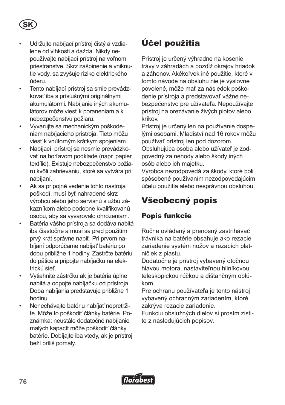 Účel použitia, Všeobecný popis | Florabest FRT 18 A1 User Manual | Page 76 / 106